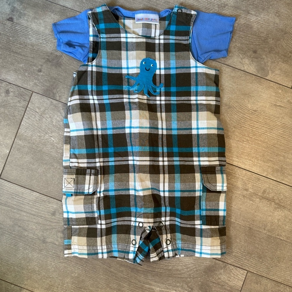 Vintage Carter’s Plaid Baby Octopus Romper Jon Jon & T-Shirt Set Size 3-6 Months